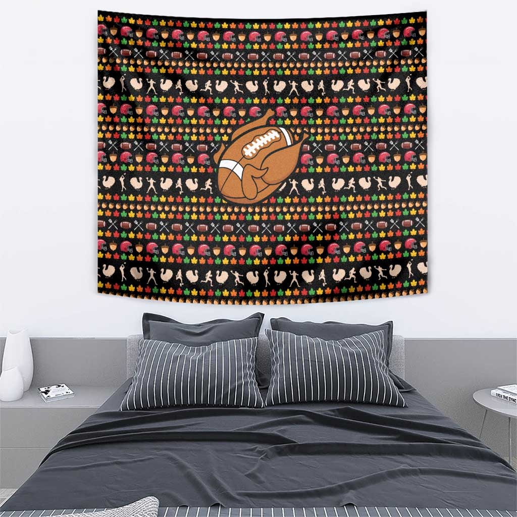 Merry Christmas Turkey Football Tapestry Fall Leaves Pattern for Game Day Fans - Wonder Print Shop