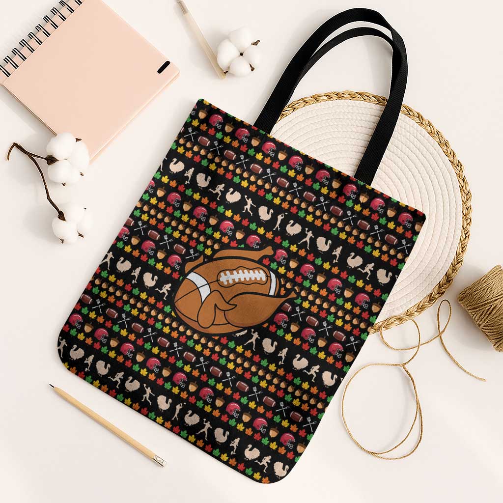 Merry Christmas Turkey Football Tote Bag Fall Leaves Pattern for Game Day Fans - Wonder Print Shop