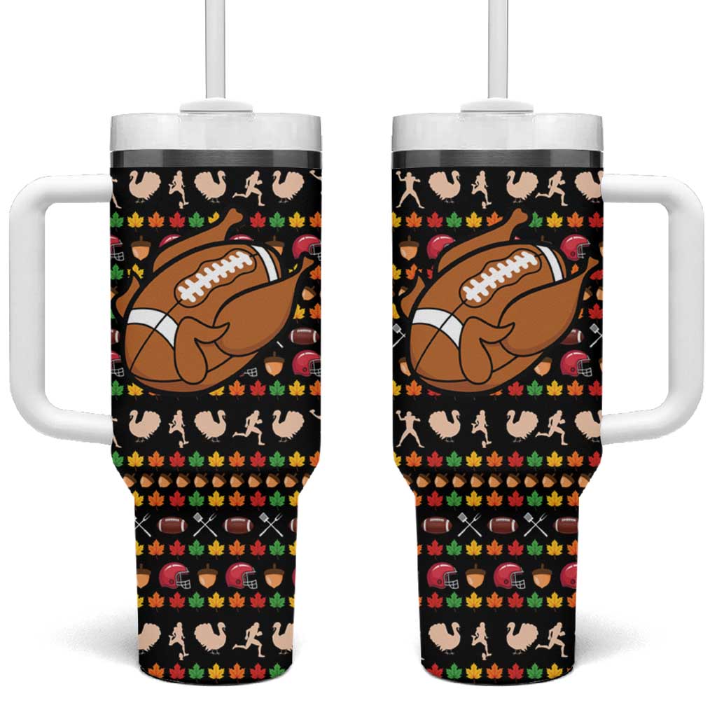 Merry Christmas Turkey Football Tumbler With Handle Fall Leaves Pattern for Game Day Fans - Wonder Print Shop