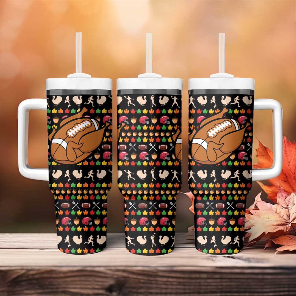 Merry Christmas Turkey Football Tumbler With Handle Fall Leaves Pattern for Game Day Fans - Wonder Print Shop