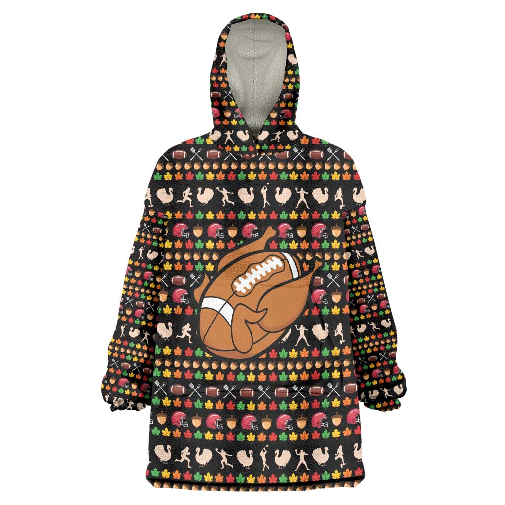Merry Christmas Turkey Football Wearable Blanket Hoodie Fall Leaves Pattern for Game Day Fans - Wonder Print Shop