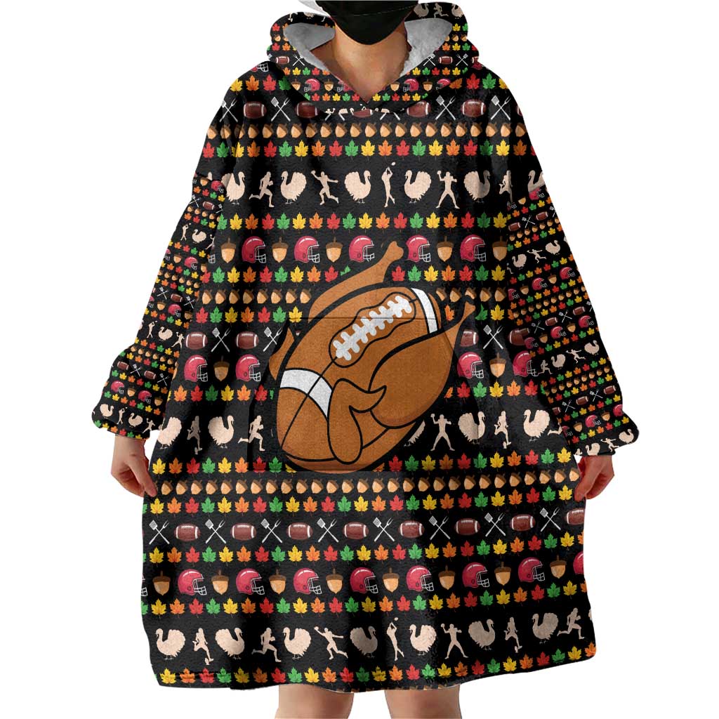 Merry Christmas Turkey Football Wearable Blanket Hoodie Fall Leaves Pattern for Game Day Fans - Wonder Print Shop