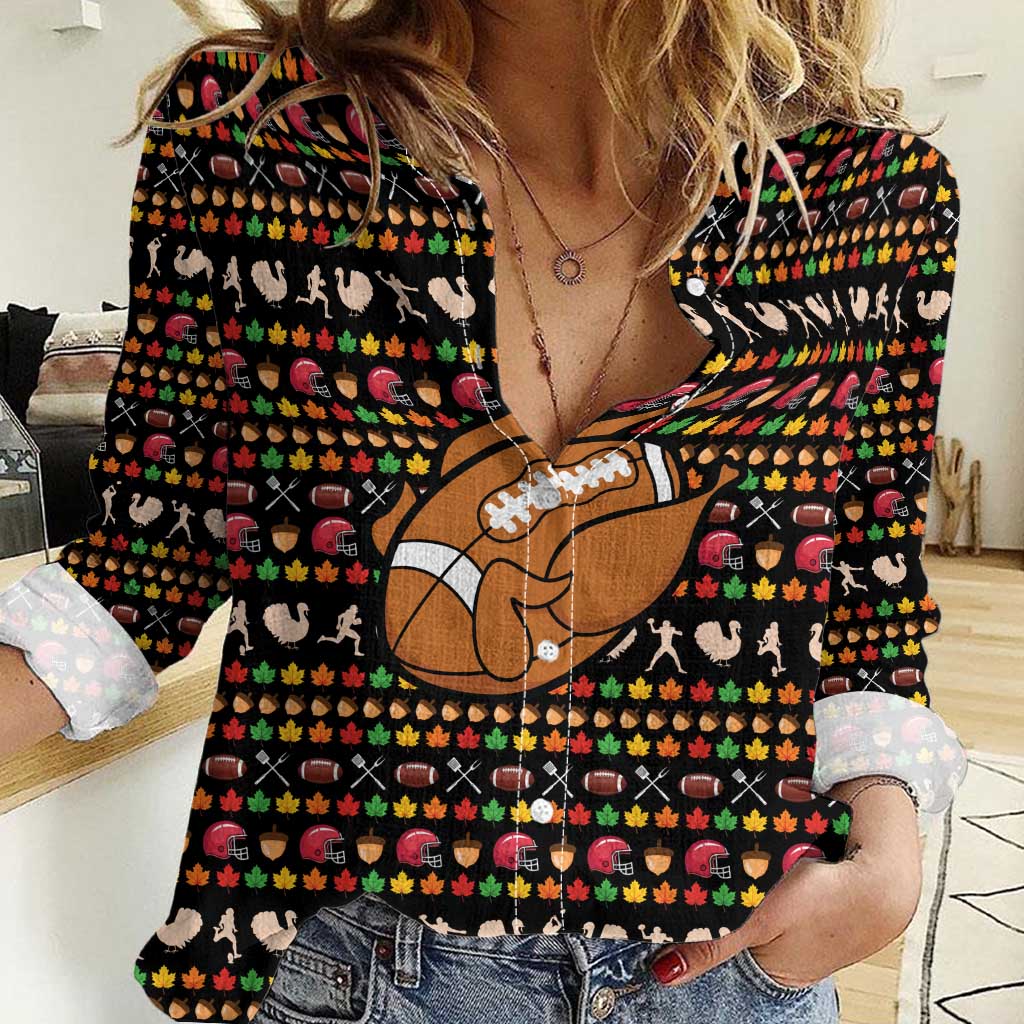Merry Christmas Turkey Football Women Casual Shirt Fall Leaves Pattern for Game Day Fans - Wonder Print Shop