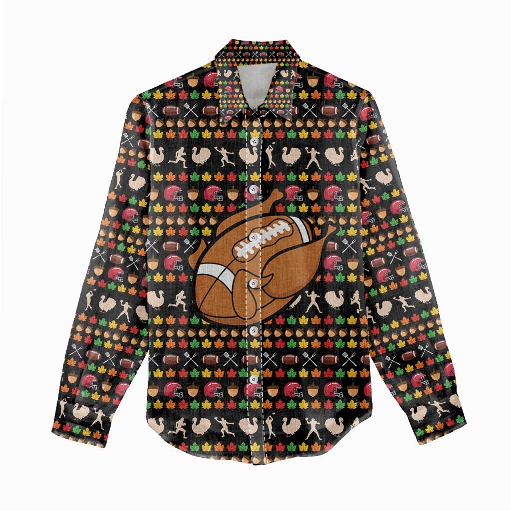 Merry Christmas Turkey Football Women Casual Shirt Fall Leaves Pattern for Game Day Fans - Wonder Print Shop