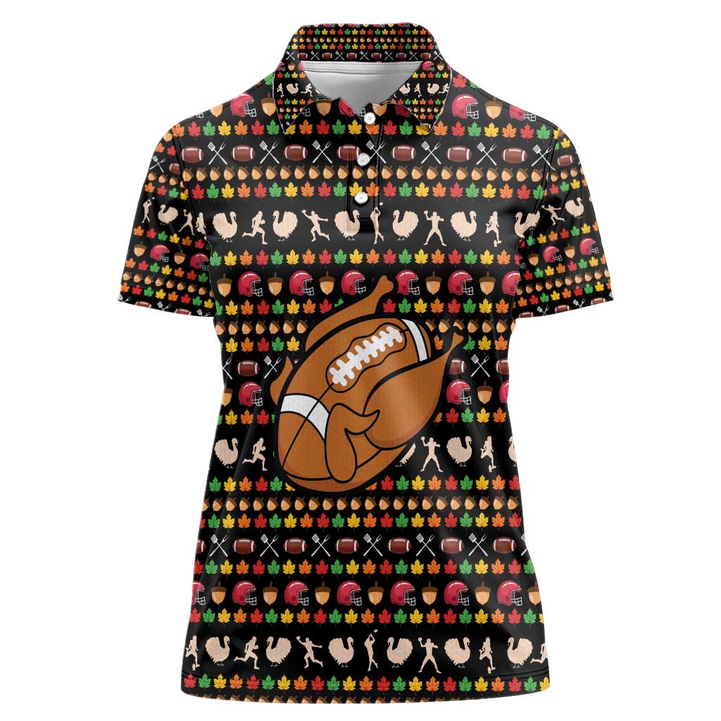 Merry Christmas Turkey Football Women Polo Shirt Fall Leaves Pattern for Game Day Fans - Wonder Print Shop