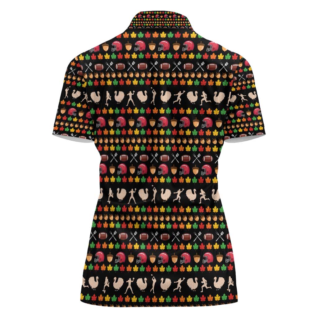 Merry Christmas Turkey Football Women Polo Shirt Fall Leaves Pattern for Game Day Fans - Wonder Print Shop