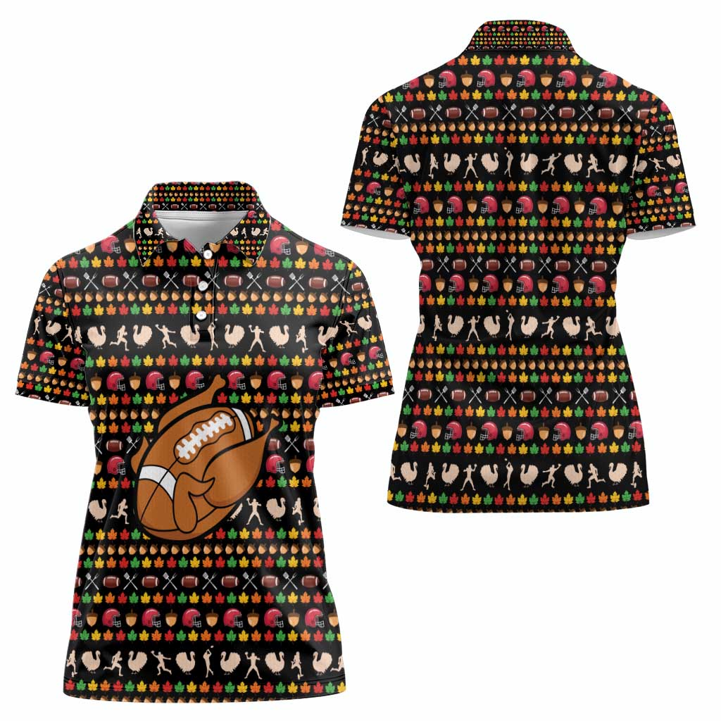 Merry Christmas Turkey Football Women Polo Shirt Fall Leaves Pattern for Game Day Fans - Wonder Print Shop