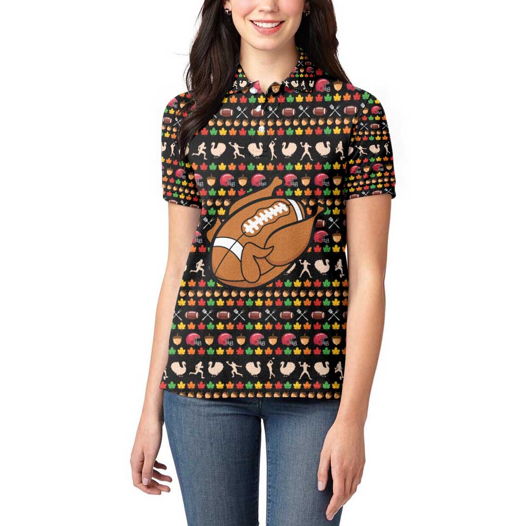 Merry Christmas Turkey Football Women Polo Shirt Fall Leaves Pattern for Game Day Fans - Wonder Print Shop