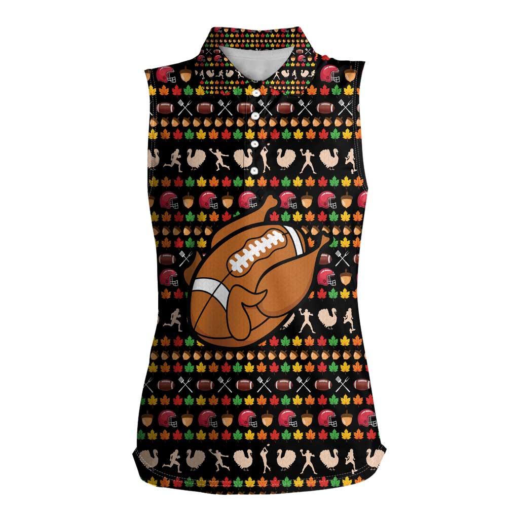 Merry Christmas Turkey Football Women Sleeveless Polo Shirt Fall Leaves Pattern for Game Day Fans - Wonder Print Shop