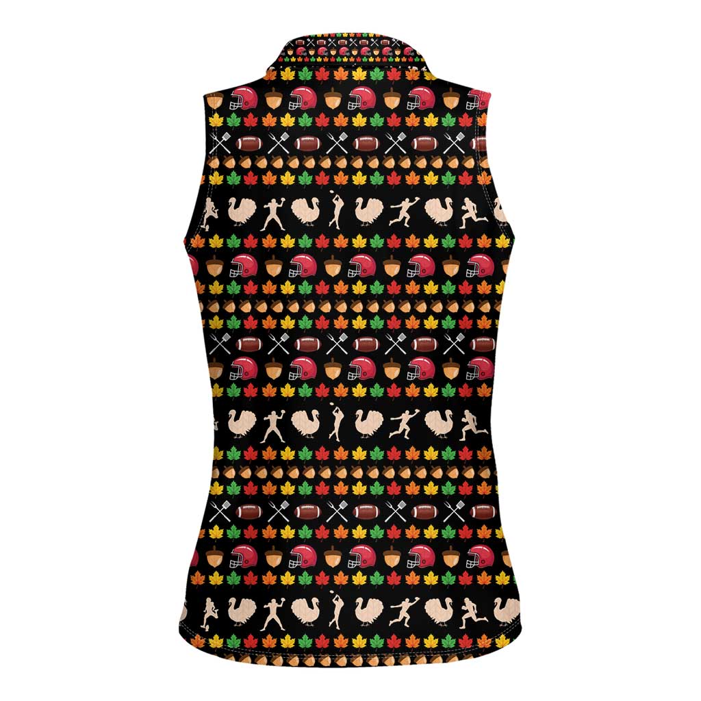 Merry Christmas Turkey Football Women Sleeveless Polo Shirt Fall Leaves Pattern for Game Day Fans - Wonder Print Shop