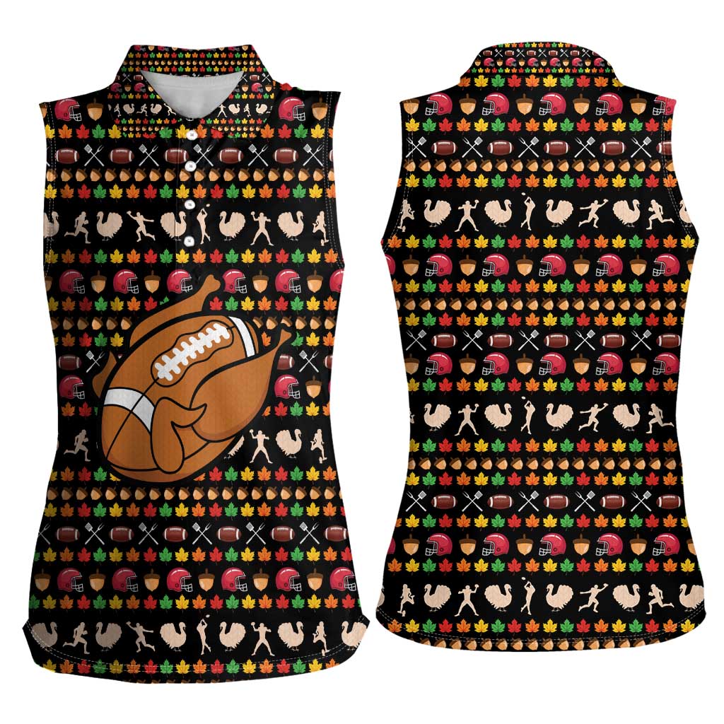 Merry Christmas Turkey Football Women Sleeveless Polo Shirt Fall Leaves Pattern for Game Day Fans - Wonder Print Shop