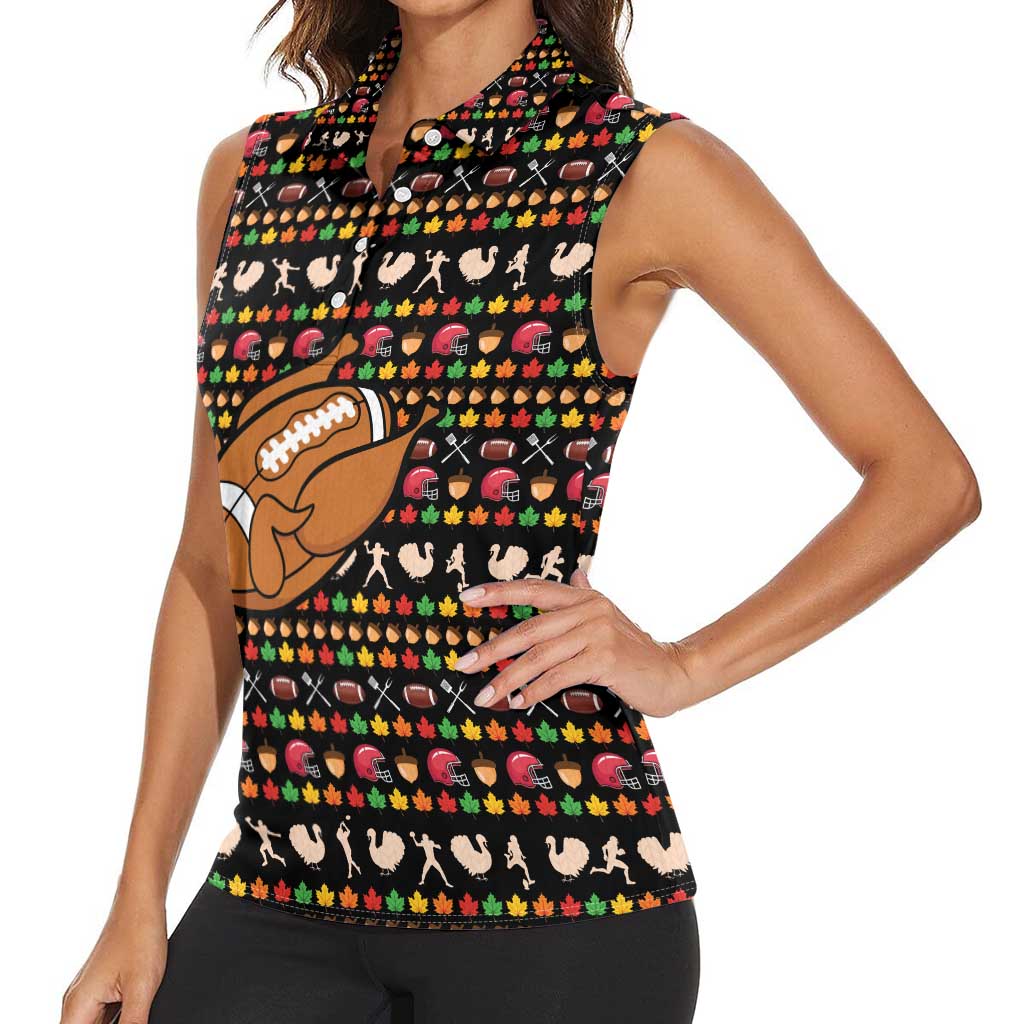 Merry Christmas Turkey Football Women Sleeveless Polo Shirt Fall Leaves Pattern for Game Day Fans - Wonder Print Shop