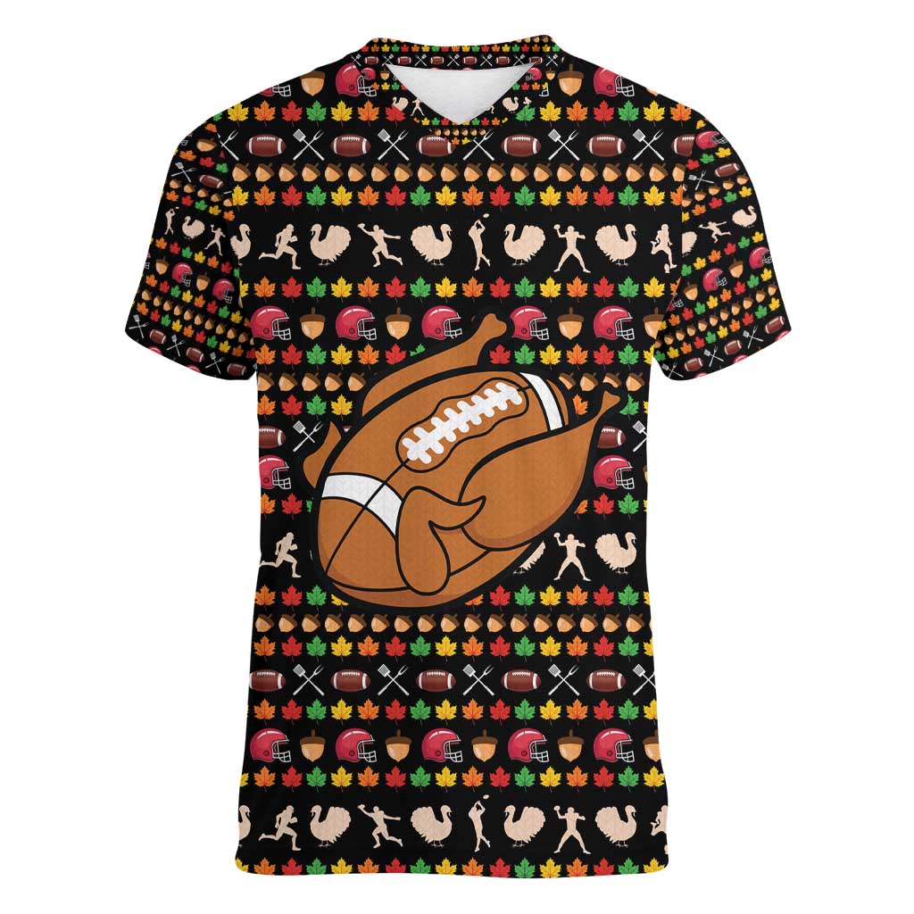 Merry Christmas Turkey Football Women V-Neck T-Shirt Fall Leaves Pattern for Game Day Fans - Wonder Print Shop