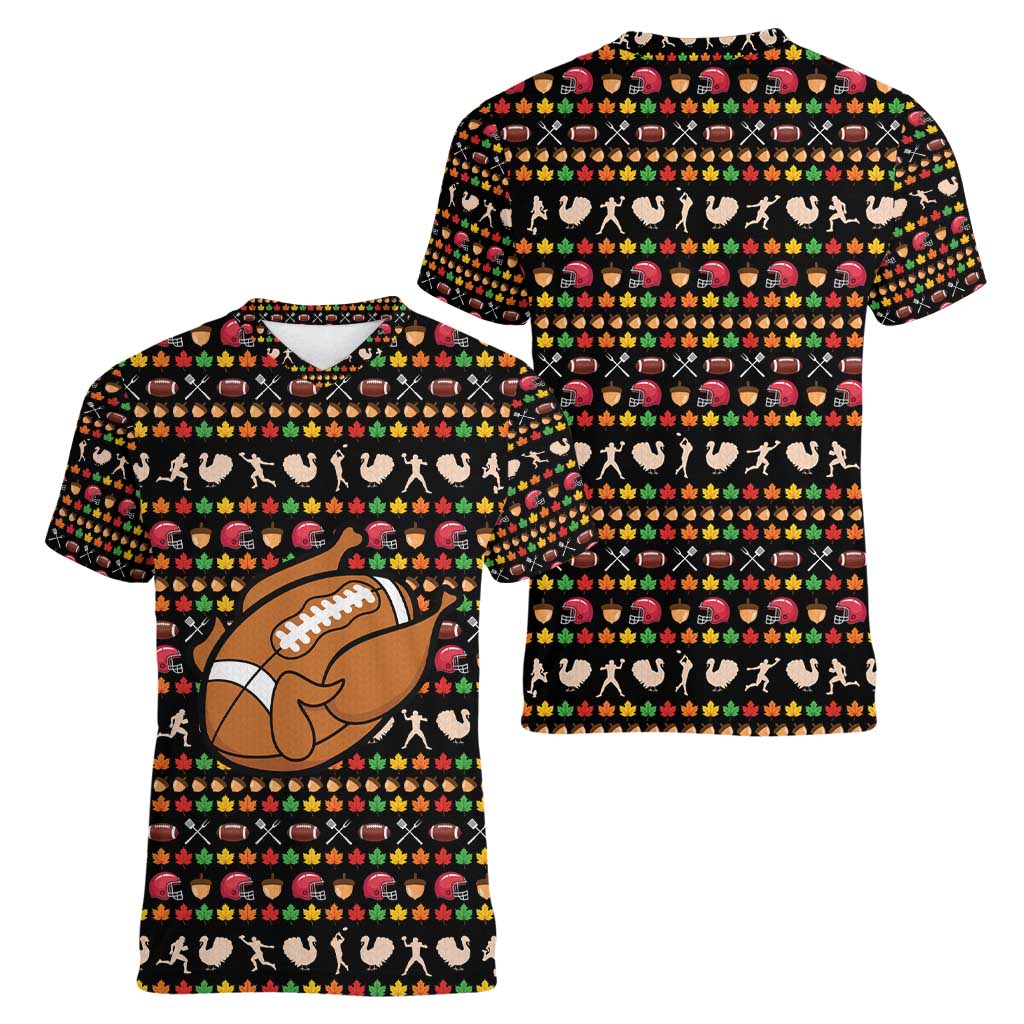 Merry Christmas Turkey Football Women V-Neck T-Shirt Fall Leaves Pattern for Game Day Fans - Wonder Print Shop
