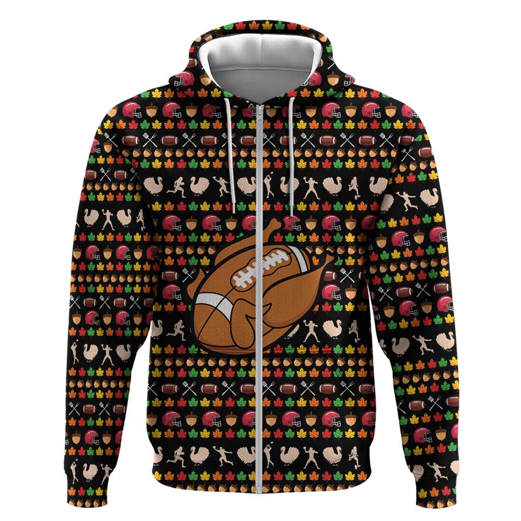 Merry Christmas Turkey Football Zip Hoodie Fall Leaves Pattern for Game Day Fans - Wonder Print Shop