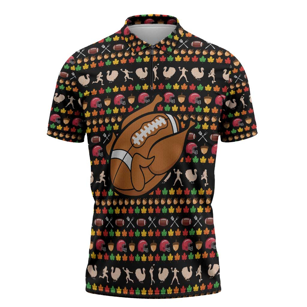Merry Christmas Turkey Football Zipper Polo Shirt Fall Leaves Pattern for Game Day Fans - Wonder Print Shop