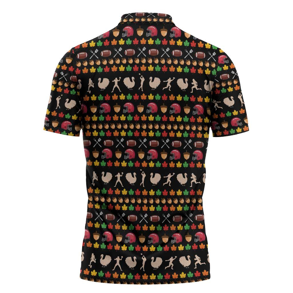 Merry Christmas Turkey Football Zipper Polo Shirt Fall Leaves Pattern for Game Day Fans - Wonder Print Shop