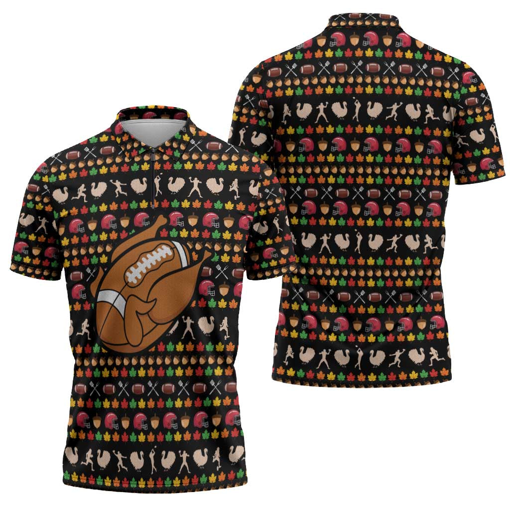 Merry Christmas Turkey Football Zipper Polo Shirt Fall Leaves Pattern for Game Day Fans - Wonder Print Shop