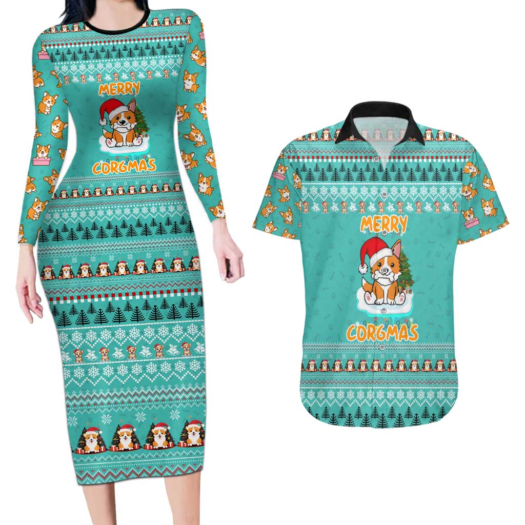 Funny Dog Merry Corgmas Christmas Couples Matching Long Sleeve Bodycon Dress and Hawaiian Shirt Xmas Holiday Patterns - Wonder Print Shop