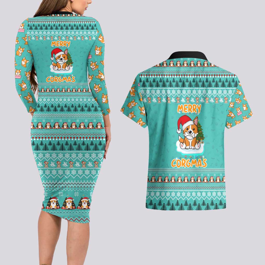 Funny Dog Merry Corgmas Christmas Couples Matching Long Sleeve Bodycon Dress and Hawaiian Shirt Xmas Holiday Patterns - Wonder Print Shop