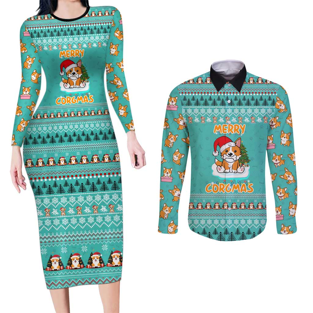 Funny Dog Merry Corgmas Christmas Couples Matching Long Sleeve Bodycon Dress and Long Sleeve Button Shirt Xmas Holiday Patterns - Wonder Print Shop