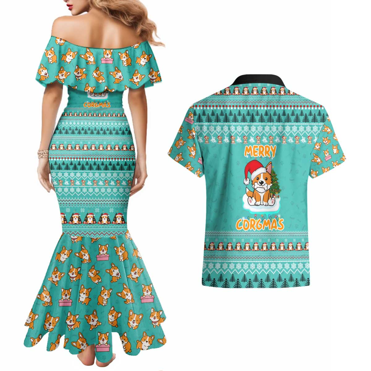 Funny Dog Merry Corgmas Christmas Couples Matching Mermaid Dress and Hawaiian Shirt Xmas Holiday Patterns - Wonder Print Shop
