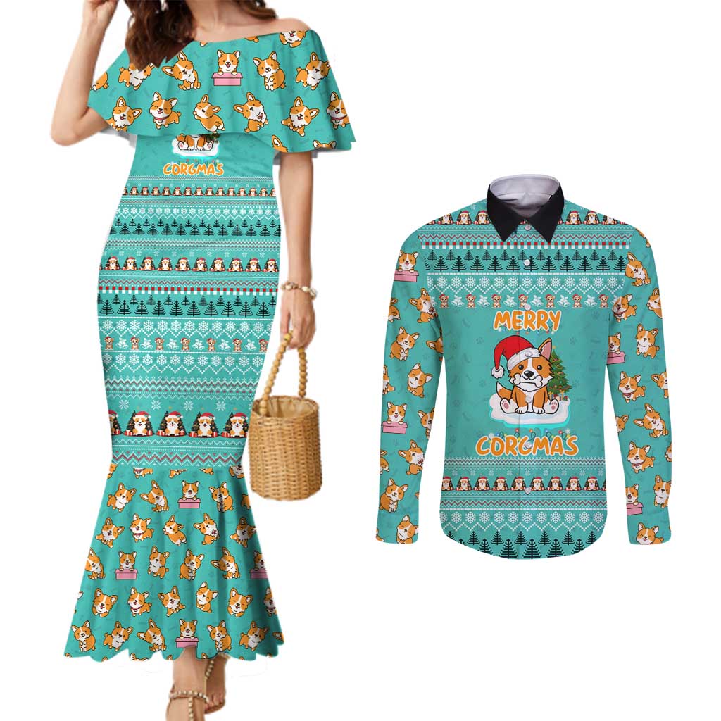 Funny Dog Merry Corgmas Christmas Couples Matching Mermaid Dress and Long Sleeve Button Shirt Xmas Holiday Patterns - Wonder Print Shop