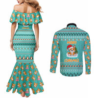 Funny Dog Merry Corgmas Christmas Couples Matching Mermaid Dress and Long Sleeve Button Shirt Xmas Holiday Patterns - Wonder Print Shop