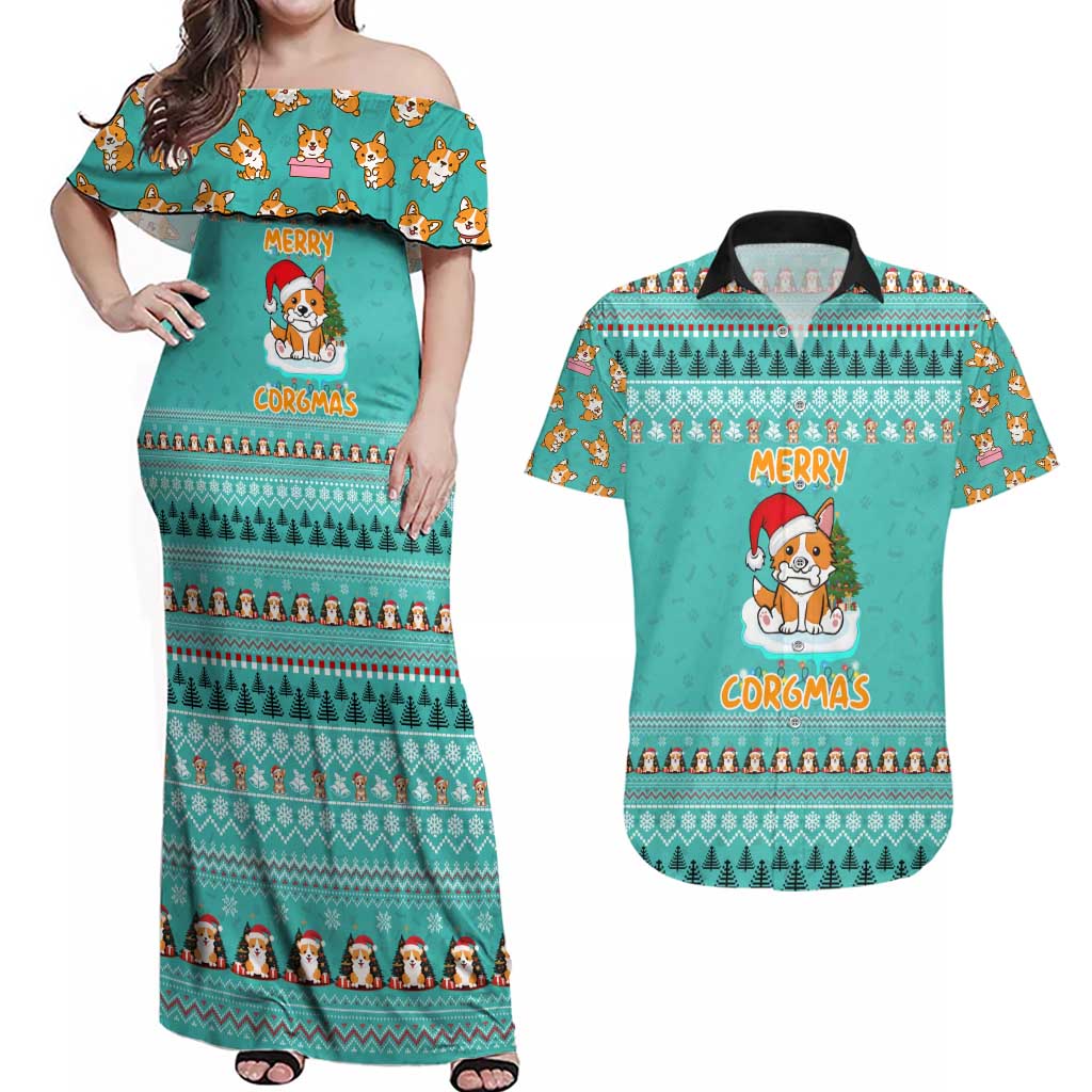 Funny Dog Merry Corgmas Christmas Couples Matching Off Shoulder Maxi Dress and Hawaiian Shirt Xmas Holiday Patterns - Wonder Print Shop