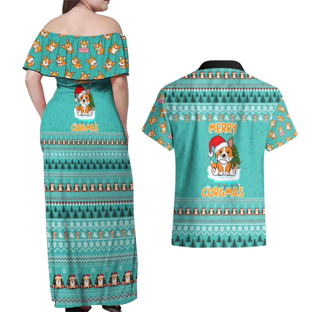 Funny Dog Merry Corgmas Christmas Couples Matching Off Shoulder Maxi Dress and Hawaiian Shirt Xmas Holiday Patterns - Wonder Print Shop