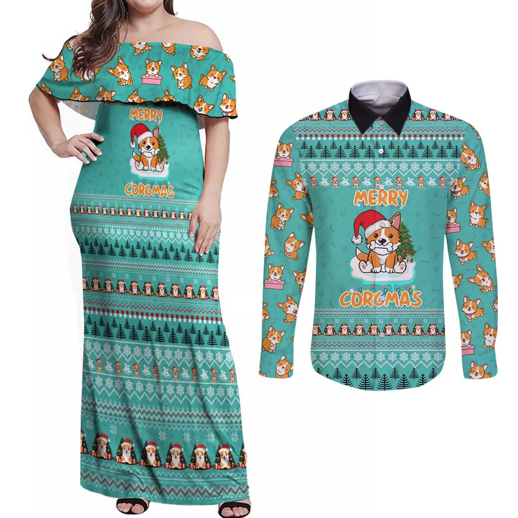 Funny Dog Merry Corgmas Christmas Couples Matching Off Shoulder Maxi Dress and Long Sleeve Button Shirt Xmas Holiday Patterns - Wonder Print Shop