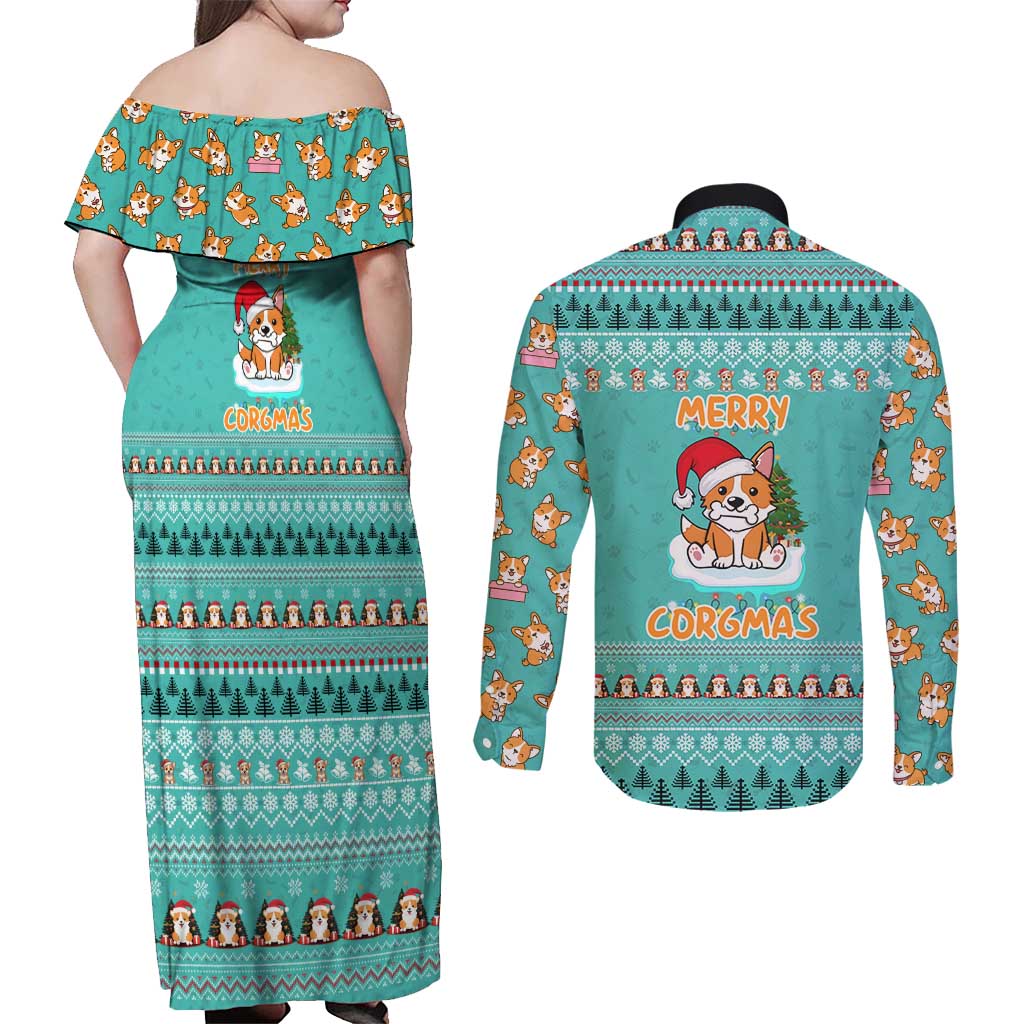 Funny Dog Merry Corgmas Christmas Couples Matching Off Shoulder Maxi Dress and Long Sleeve Button Shirt Xmas Holiday Patterns - Wonder Print Shop