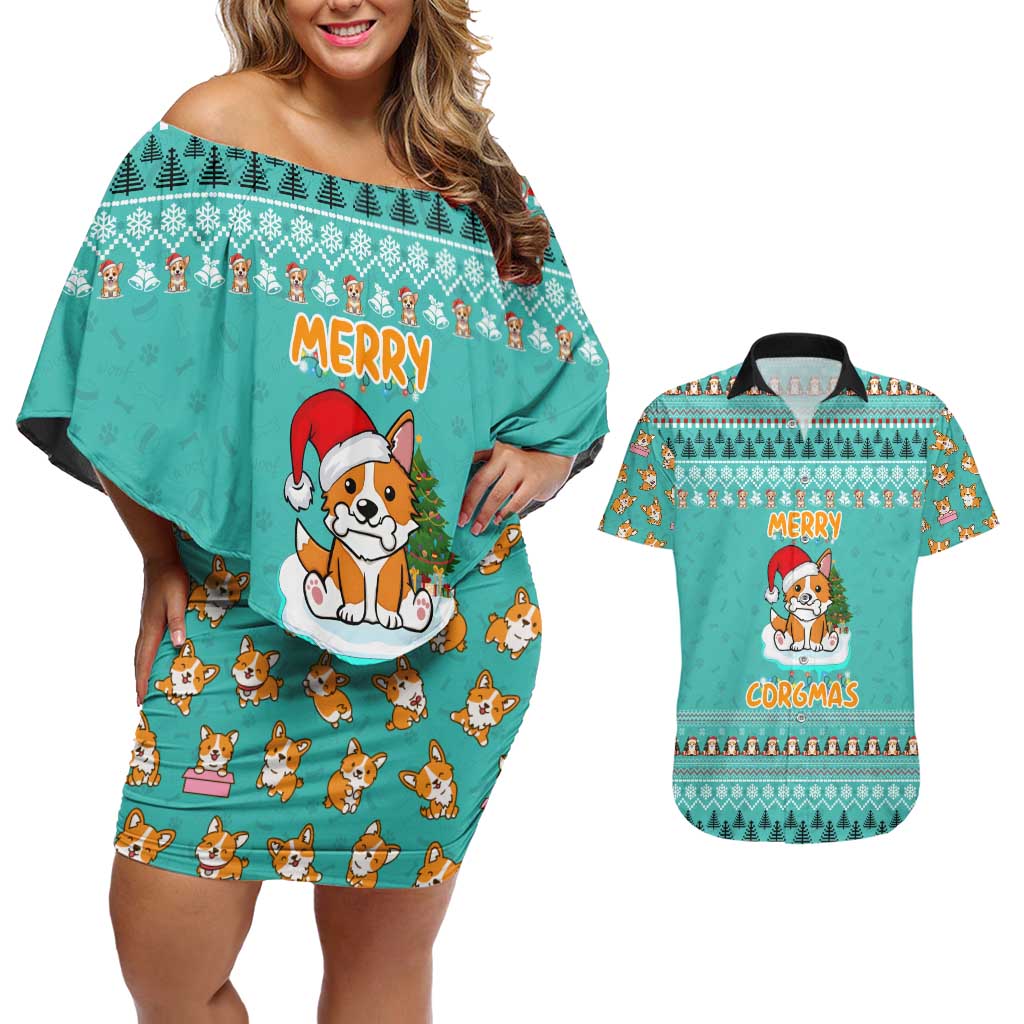 Funny Dog Merry Corgmas Christmas Couples Matching Off Shoulder Short Dress and Hawaiian Shirt Xmas Holiday Patterns - Wonder Print Shop