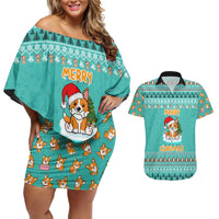 Funny Dog Merry Corgmas Christmas Couples Matching Off Shoulder Short Dress and Hawaiian Shirt Xmas Holiday Patterns - Wonder Print Shop