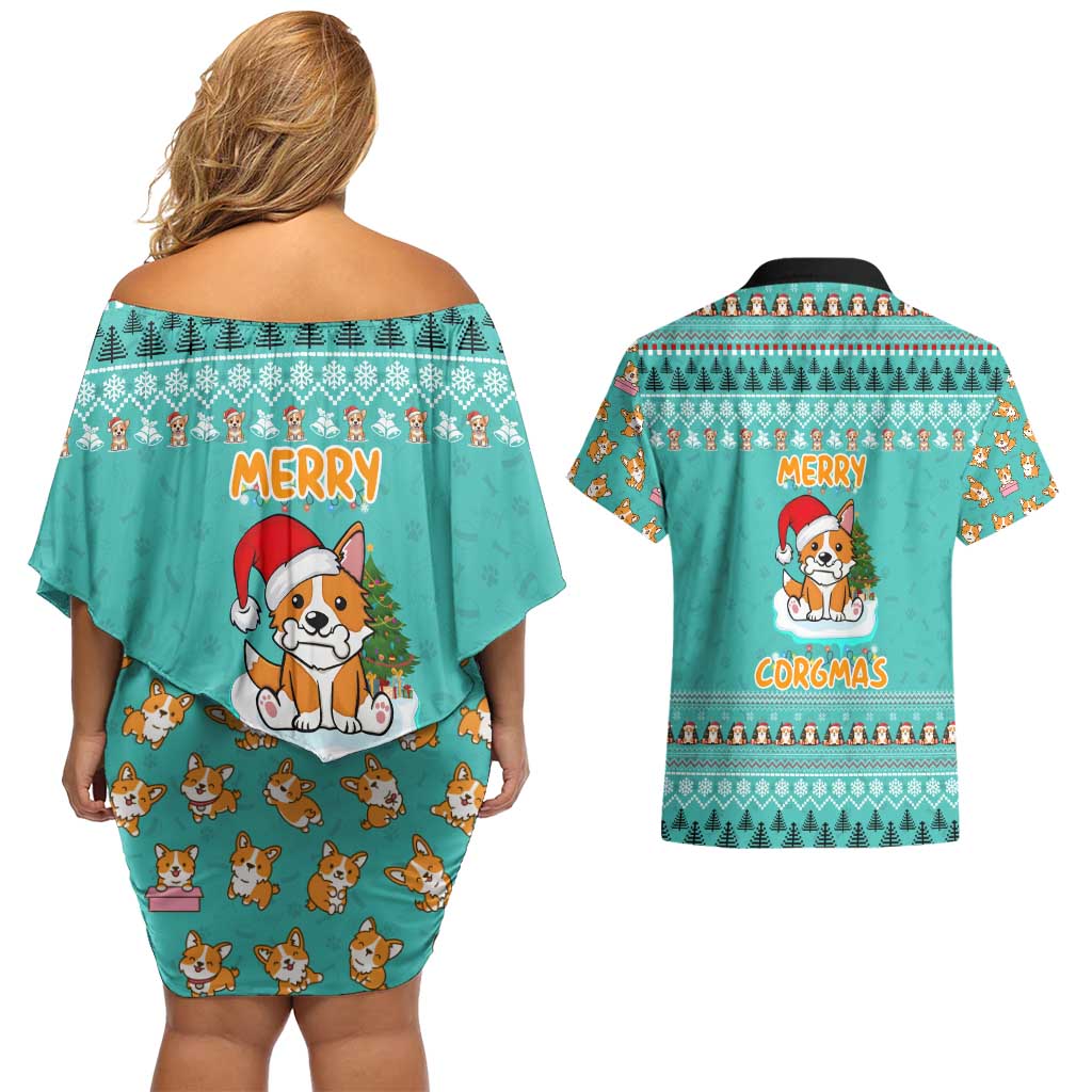 Funny Dog Merry Corgmas Christmas Couples Matching Off Shoulder Short Dress and Hawaiian Shirt Xmas Holiday Patterns - Wonder Print Shop