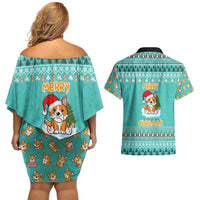 Funny Dog Merry Corgmas Christmas Couples Matching Off Shoulder Short Dress and Hawaiian Shirt Xmas Holiday Patterns - Wonder Print Shop