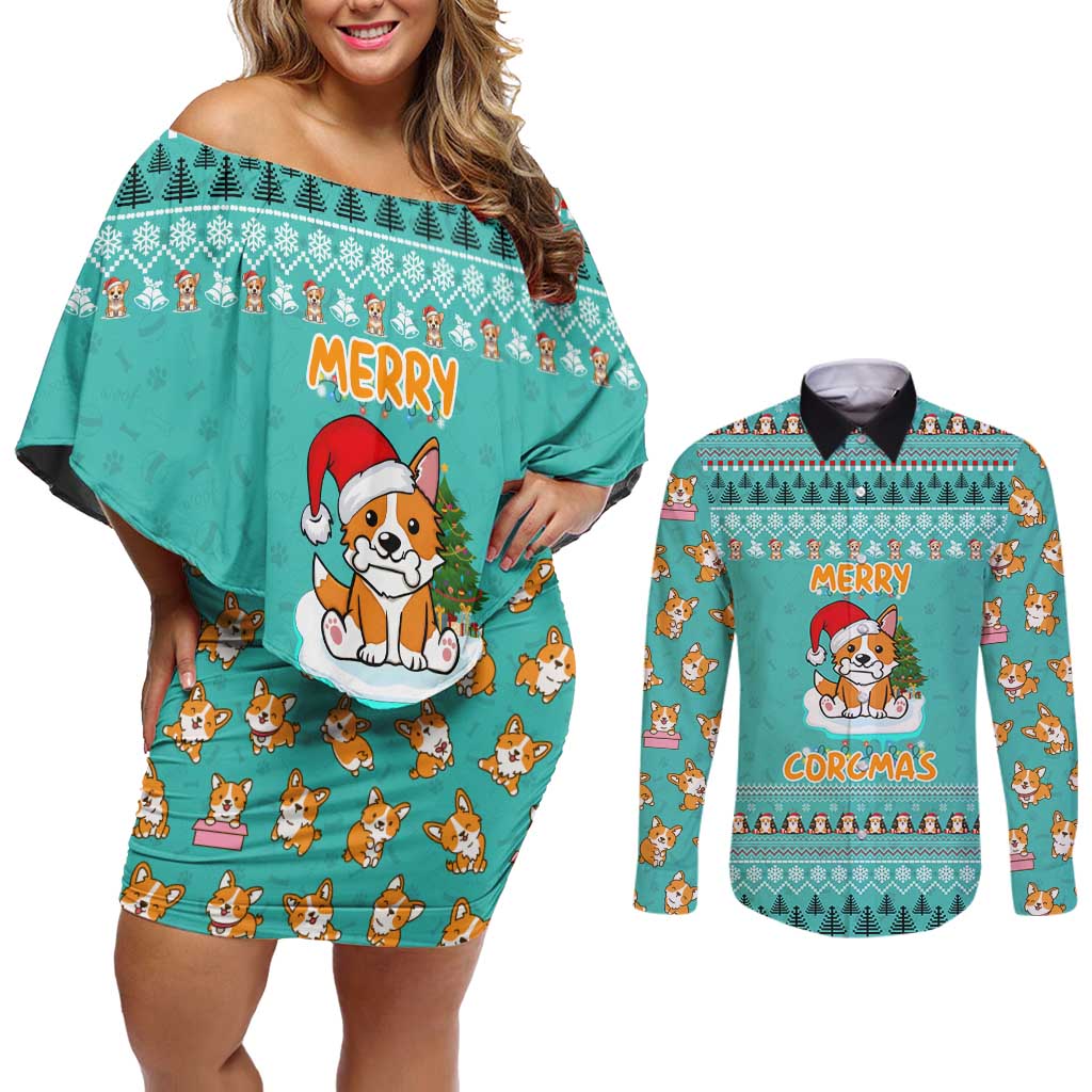 Funny Dog Merry Corgmas Christmas Couples Matching Off Shoulder Short Dress and Long Sleeve Button Shirt Xmas Holiday Patterns - Wonder Print Shop