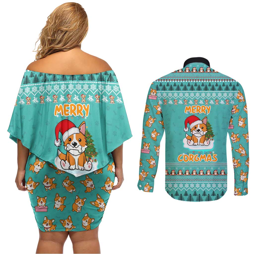 Funny Dog Merry Corgmas Christmas Couples Matching Off Shoulder Short Dress and Long Sleeve Button Shirt Xmas Holiday Patterns - Wonder Print Shop