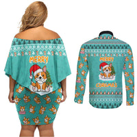 Funny Dog Merry Corgmas Christmas Couples Matching Off Shoulder Short Dress and Long Sleeve Button Shirt Xmas Holiday Patterns - Wonder Print Shop