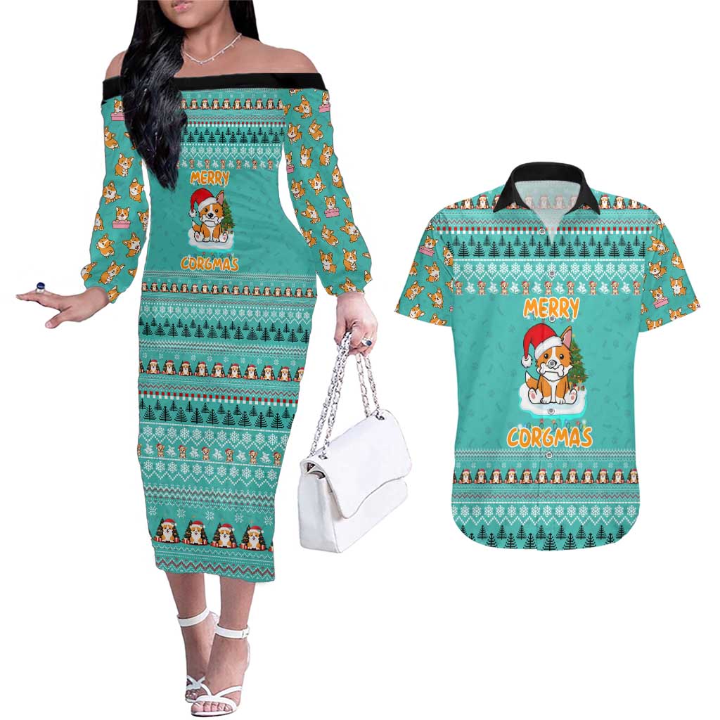 Funny Dog Merry Corgmas Christmas Couples Matching Off The Shoulder Long Sleeve Dress and Hawaiian Shirt Xmas Holiday Patterns - Wonder Print Shop