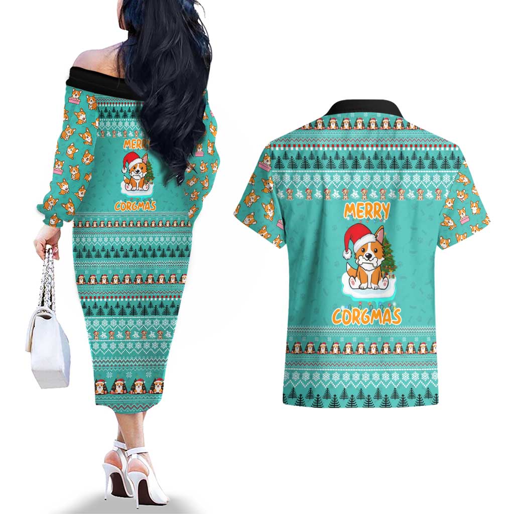 Funny Dog Merry Corgmas Christmas Couples Matching Off The Shoulder Long Sleeve Dress and Hawaiian Shirt Xmas Holiday Patterns - Wonder Print Shop