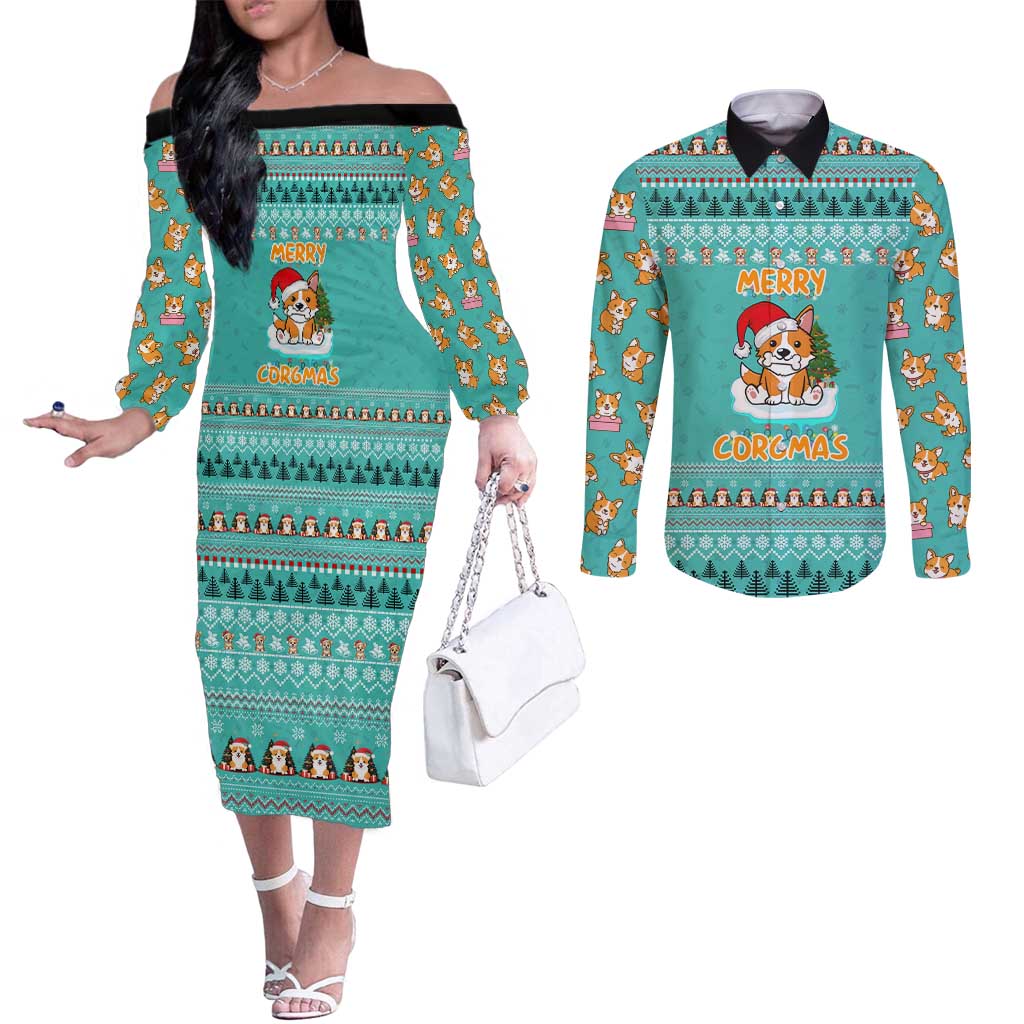 Funny Dog Merry Corgmas Christmas Couples Matching Off The Shoulder Long Sleeve Dress and Long Sleeve Button Shirt Xmas Holiday Patterns - Wonder Print Shop