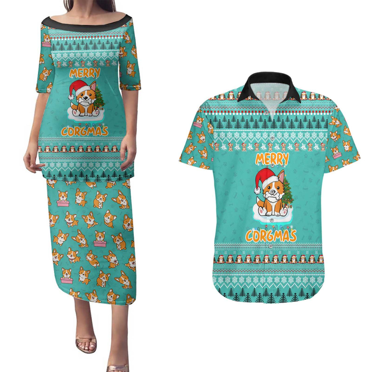 Funny Dog Merry Corgmas Christmas Couples Matching Puletasi and Hawaiian Shirt Xmas Holiday Patterns - Wonder Print Shop
