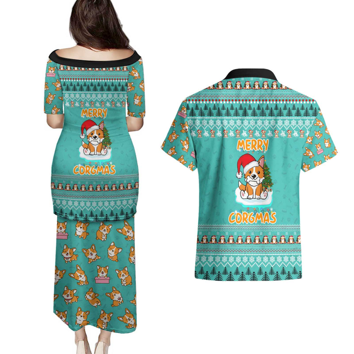Funny Dog Merry Corgmas Christmas Couples Matching Puletasi and Hawaiian Shirt Xmas Holiday Patterns - Wonder Print Shop