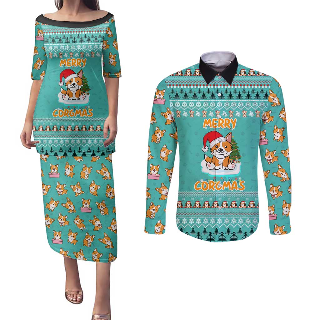 Funny Dog Merry Corgmas Christmas Couples Matching Puletasi and Long Sleeve Button Shirt Xmas Holiday Patterns - Wonder Print Shop