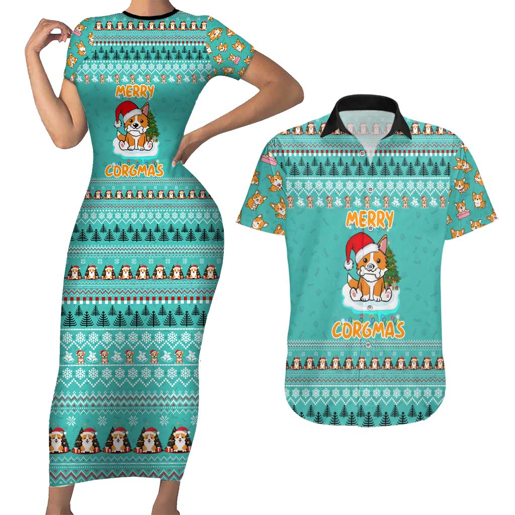 Funny Dog Merry Corgmas Christmas Couples Matching Short Sleeve Bodycon Dress and Hawaiian Shirt Xmas Holiday Patterns - Wonder Print Shop