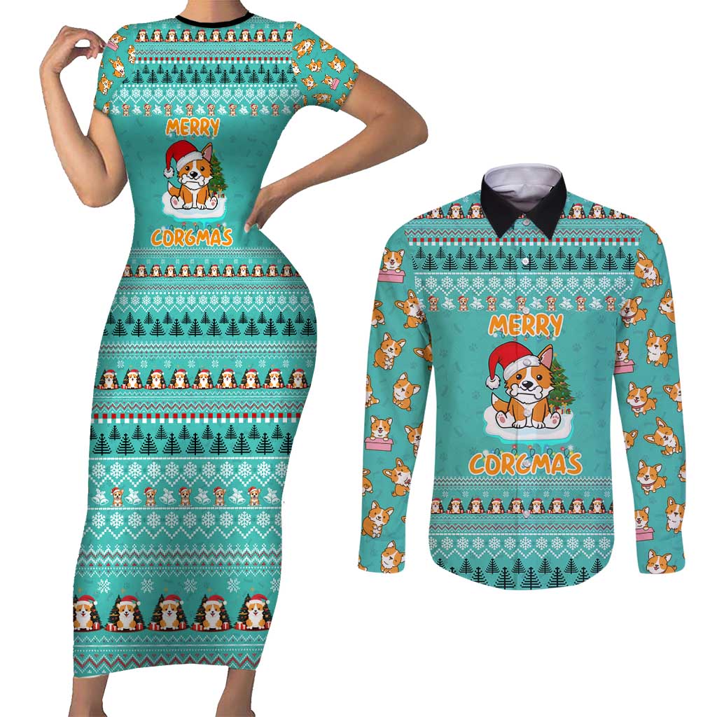 Funny Dog Merry Corgmas Christmas Couples Matching Short Sleeve Bodycon Dress and Long Sleeve Button Shirt Xmas Holiday Patterns - Wonder Print Shop
