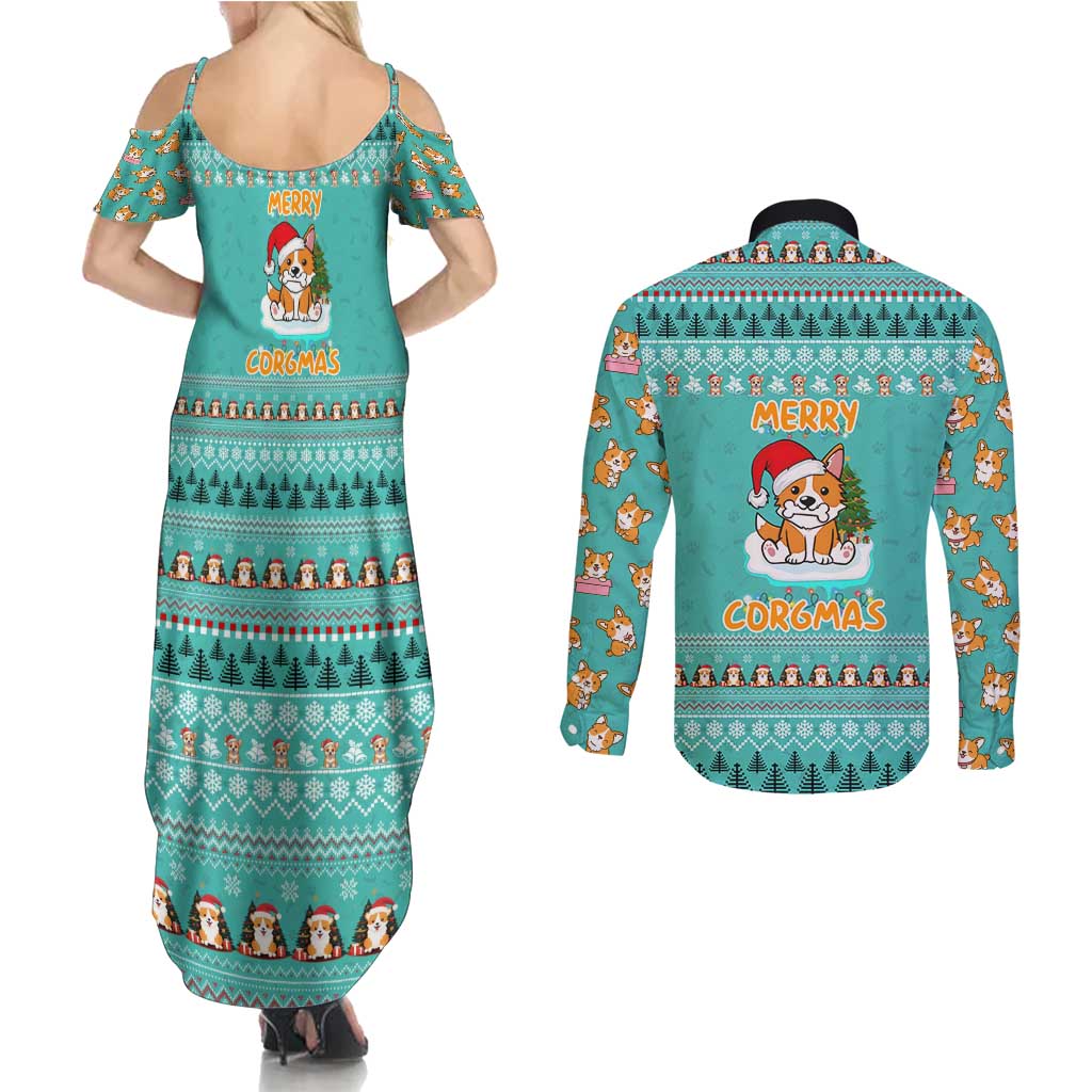 Funny Dog Merry Corgmas Christmas Couples Matching Summer Maxi Dress and Long Sleeve Button Shirt Xmas Holiday Patterns - Wonder Print Shop