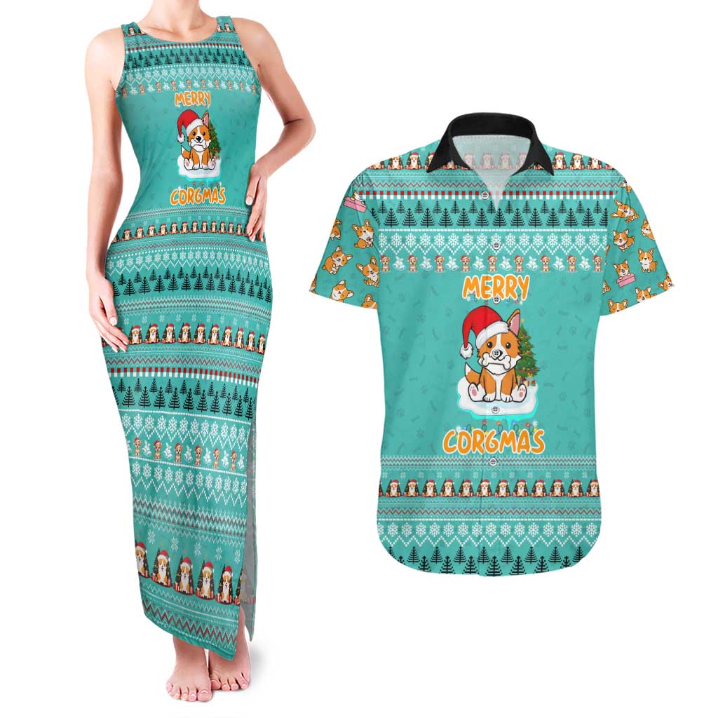 Funny Dog Merry Corgmas Christmas Couples Matching Tank Maxi Dress and Hawaiian Shirt Xmas Holiday Patterns - Wonder Print Shop
