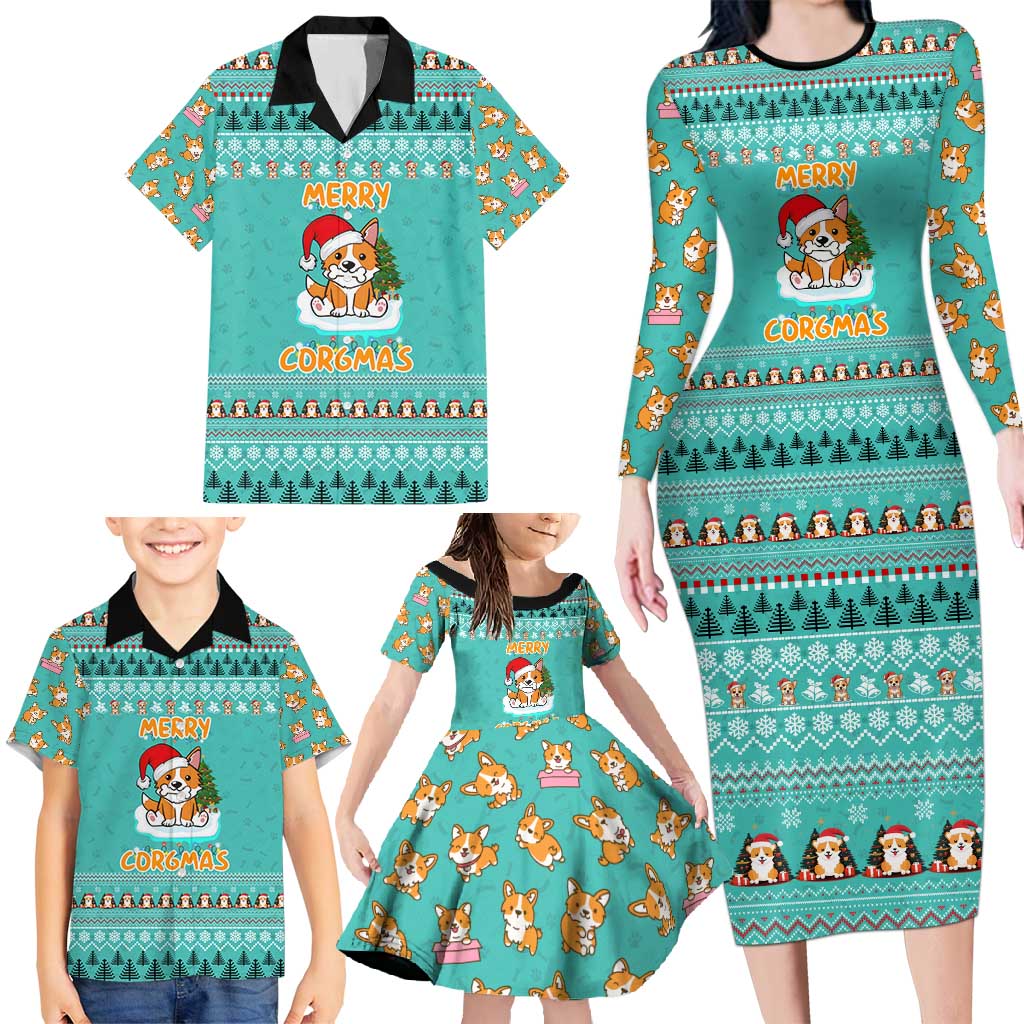 Funny Dog Merry Corgmas Christmas Family Matching Long Sleeve Bodycon Dress and Hawaiian Shirt Xmas Holiday Patterns - Wonder Print Shop